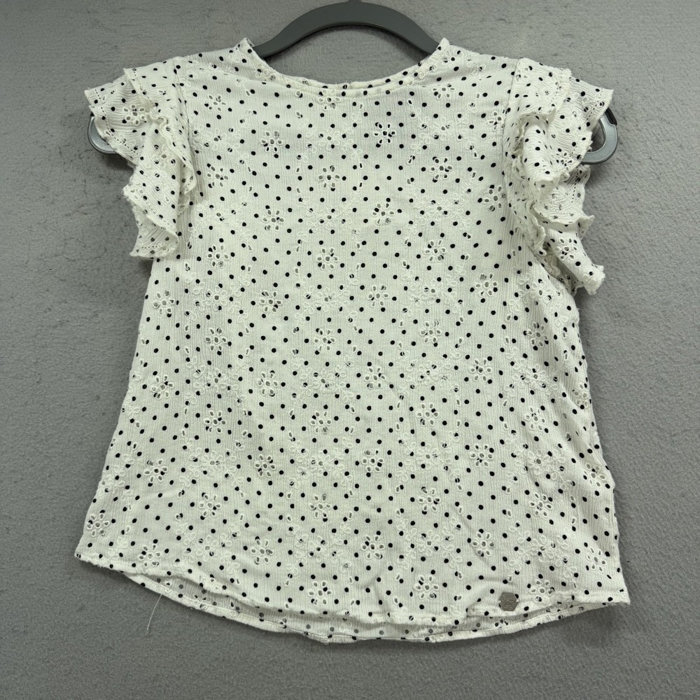 Superdry‎ Top Womens 6 White Black Polka Dot Eyelet Embroidered Ruffle Sleeve